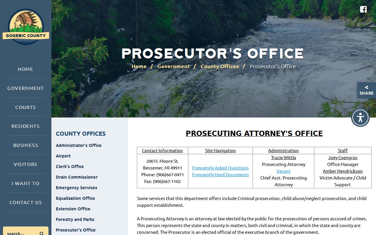 Gogebic County Prosecuting Attorney office page for arrest referrals and charges