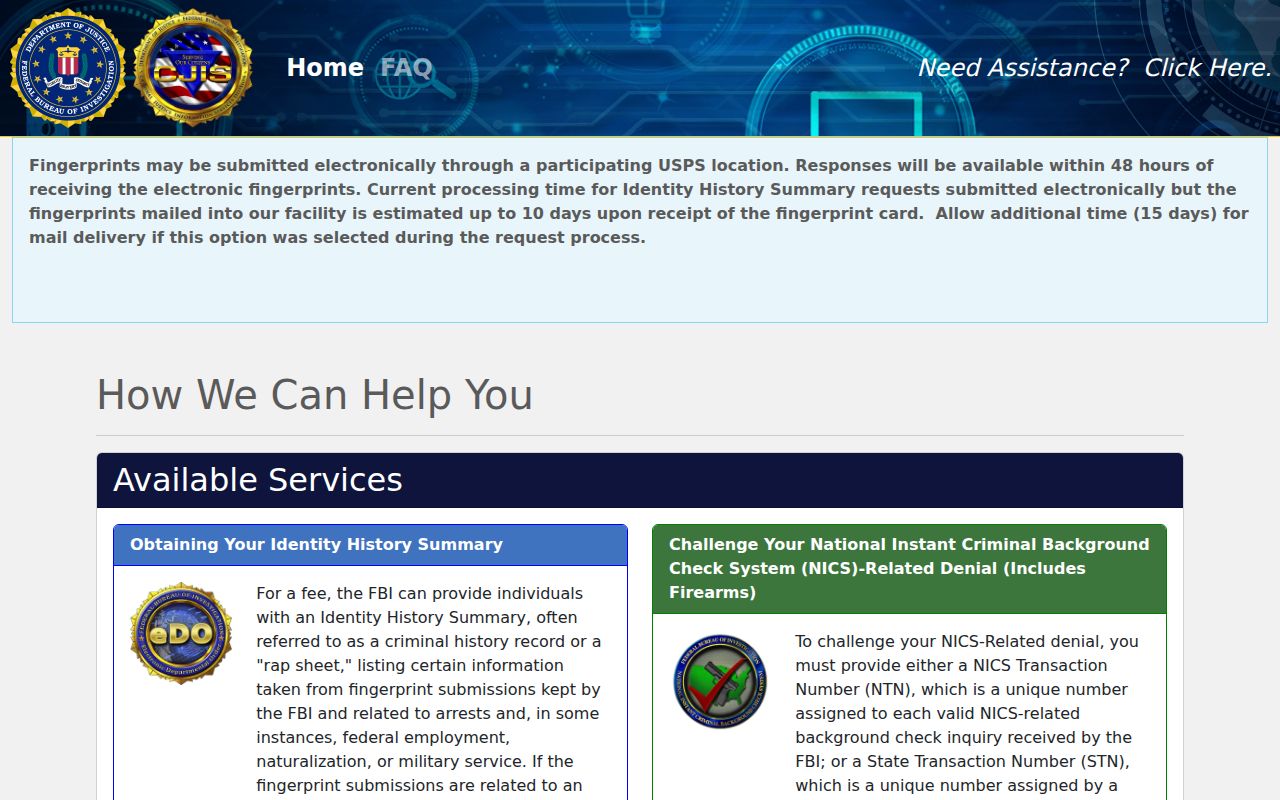 FBI electronic Identity History Summary ordering page for reviewing one’s own federal record