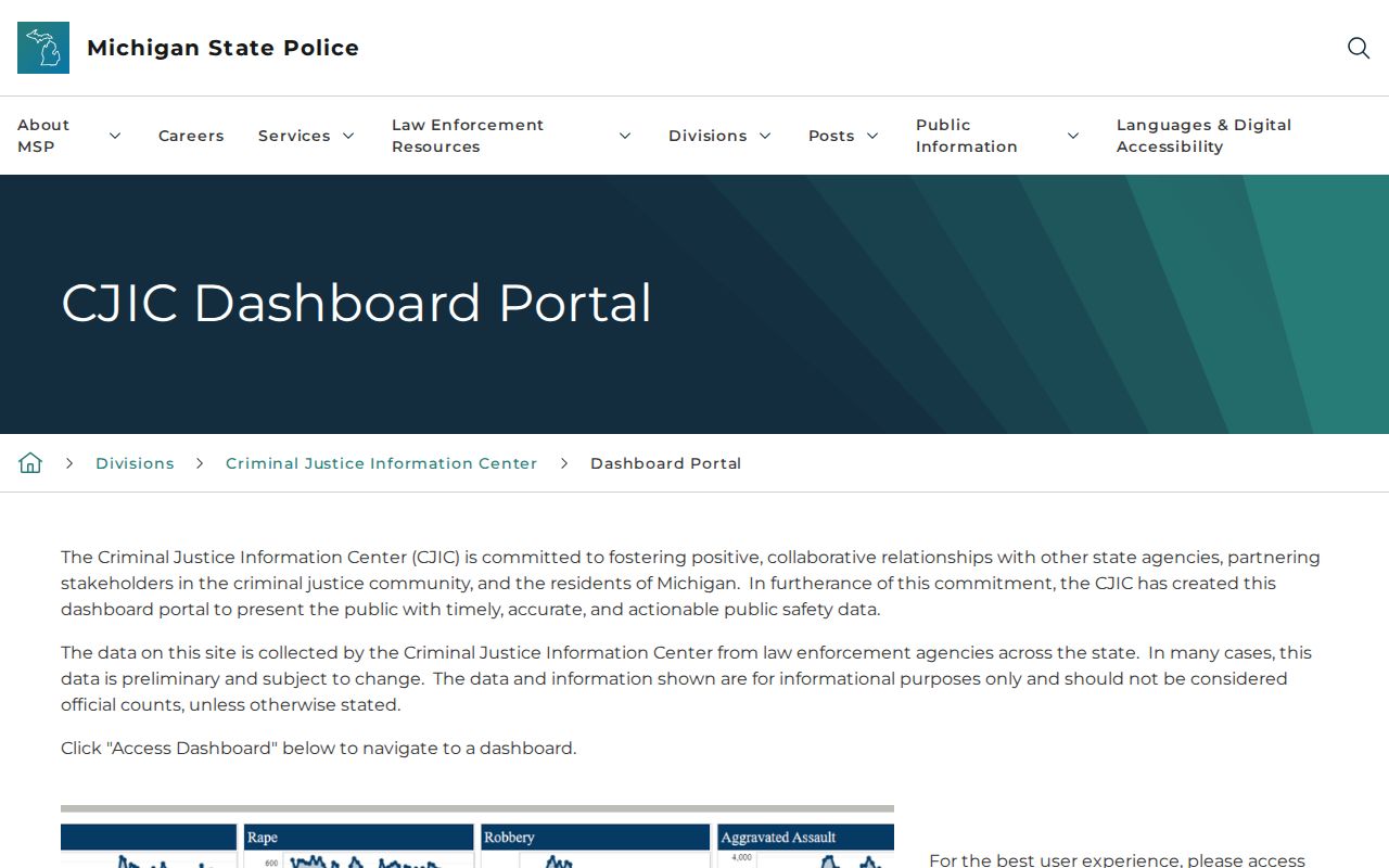 Michigan State Police crime dashboard portal for Gogebic County reported-offense context