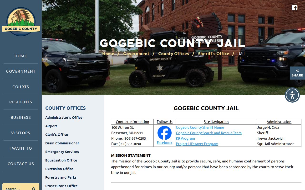Gogebic County Jail criminal booking information